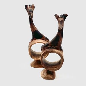 Pair Hand Carved Giraffe Wood‎ Napkin Rings Holder Rustic African Decor Set